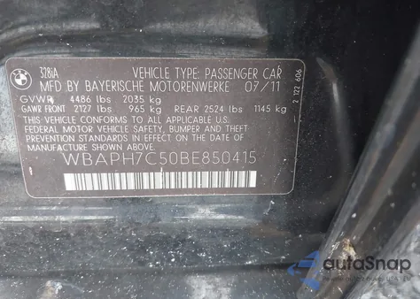 2011 BMW 328I from USA, damaged, VIN WBAPH7C50BE850415